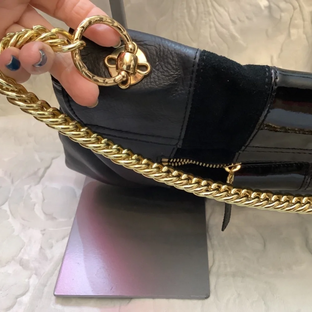 EUC Halston Heritage Black Leather suede shoulder  crossbody gold chain - Picture 16 of 17